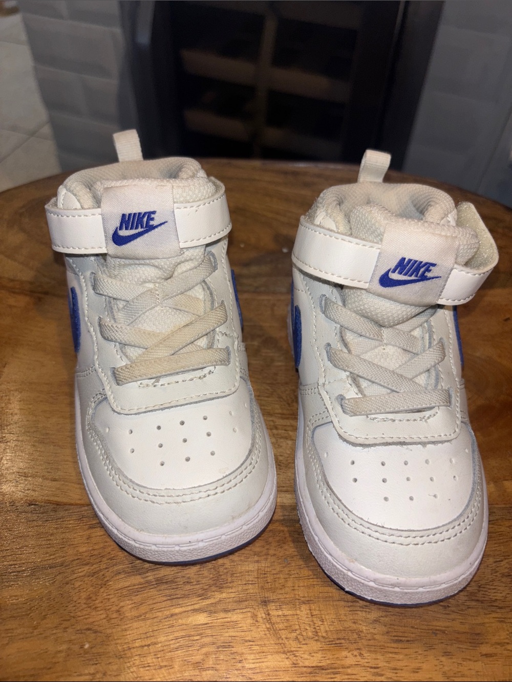 Nike Kids White & Blue Mid-Top Sneakers with Hook-and-Loop Strap